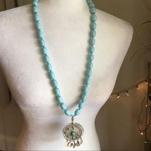 Long Medallion Turquoise Beads Necklace Silver